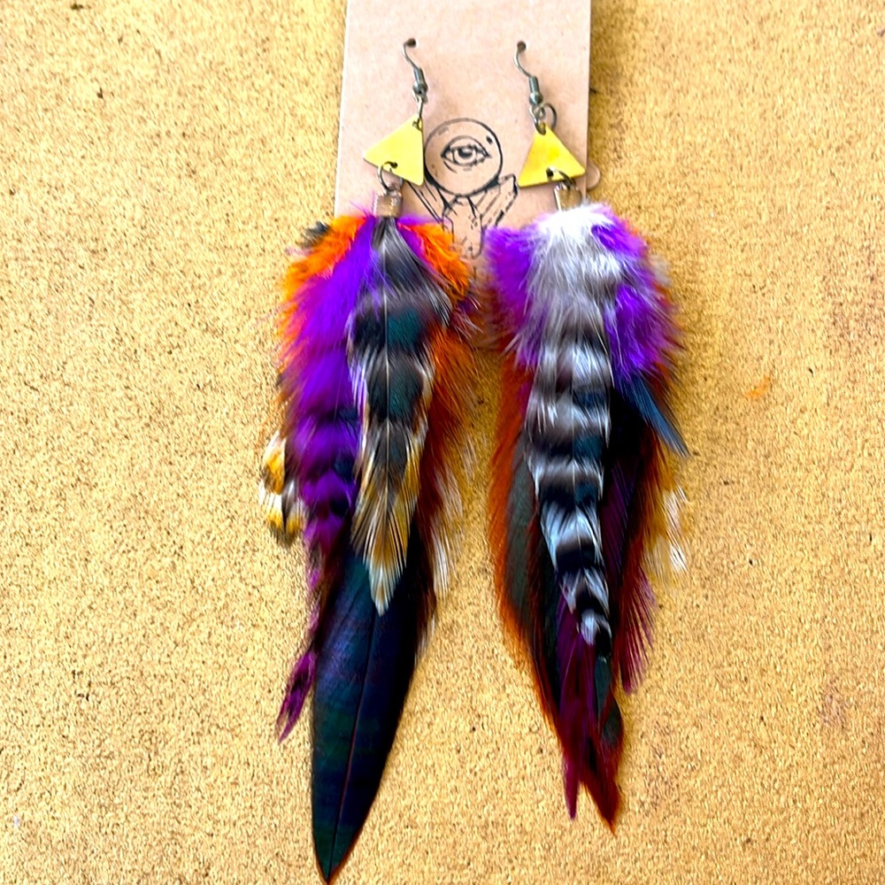 Long purple feather earrings with gold triangle pendants